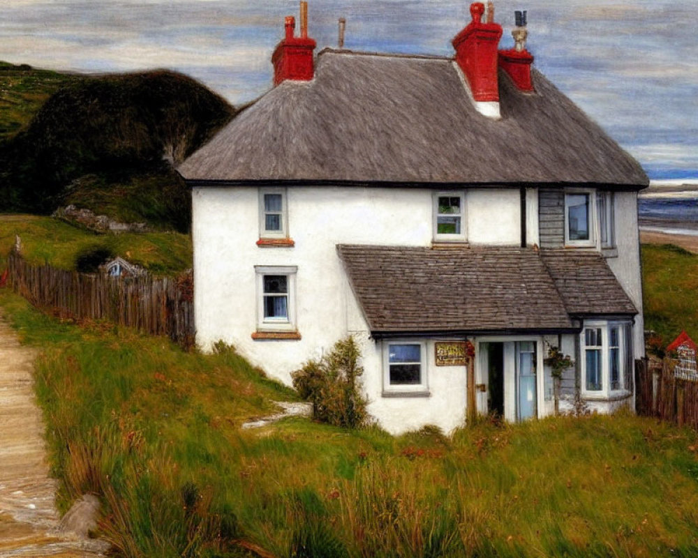 White Two-Story House with Red Roof in Rural Landscape