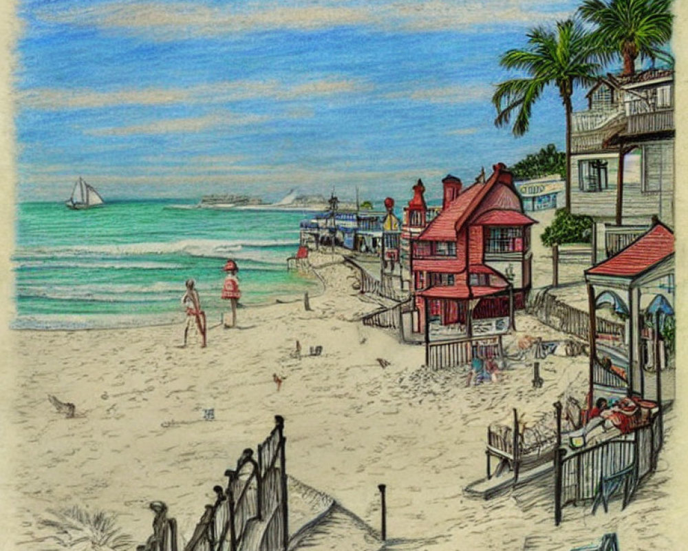 Vibrant beach scene sketch with people, buildings, fence, sailboat, and blue sky.