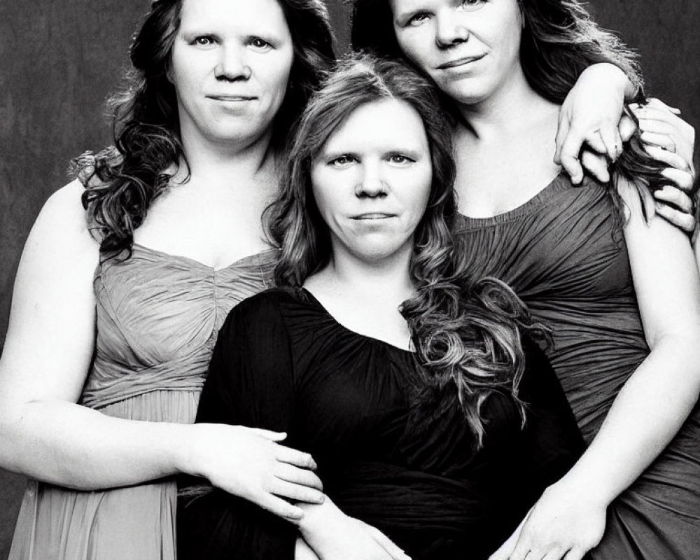 Three Women Posing in Semi-Formal Dresses on Dark Background