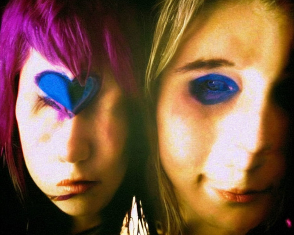 Two individuals showcasing vivid eye makeup on dark background