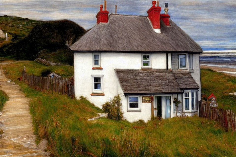 White Two-Story House with Red Roof in Rural Landscape