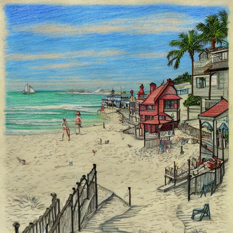 Vibrant beach scene sketch with people, buildings, fence, sailboat, and blue sky.