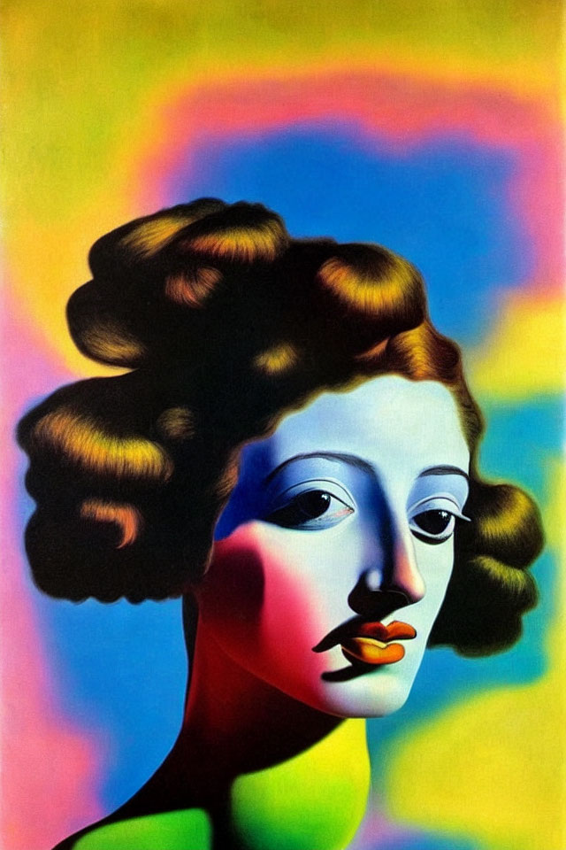 Colorful surreal portrait of a woman with exaggerated features