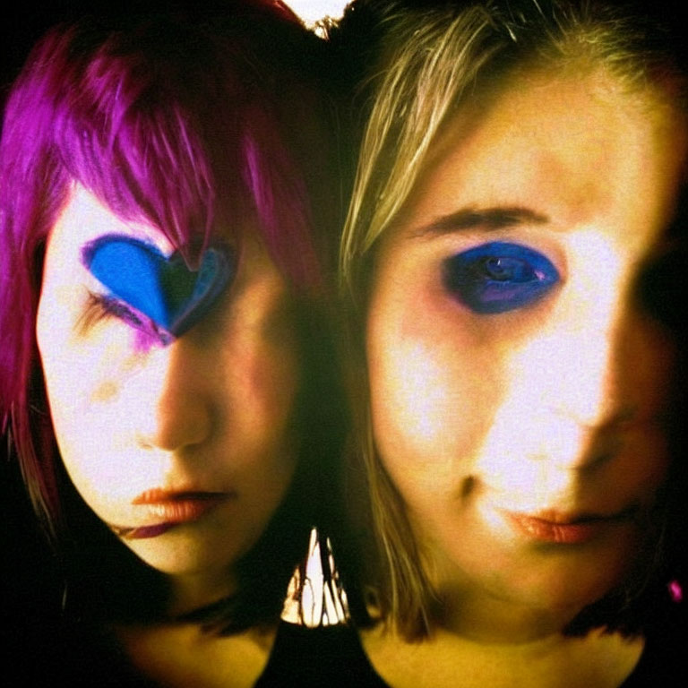 Two individuals showcasing vivid eye makeup on dark background