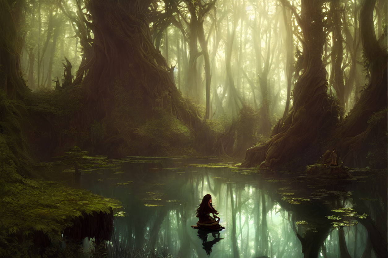 Person on Boat in Misty Green Forest with Reflective Pond