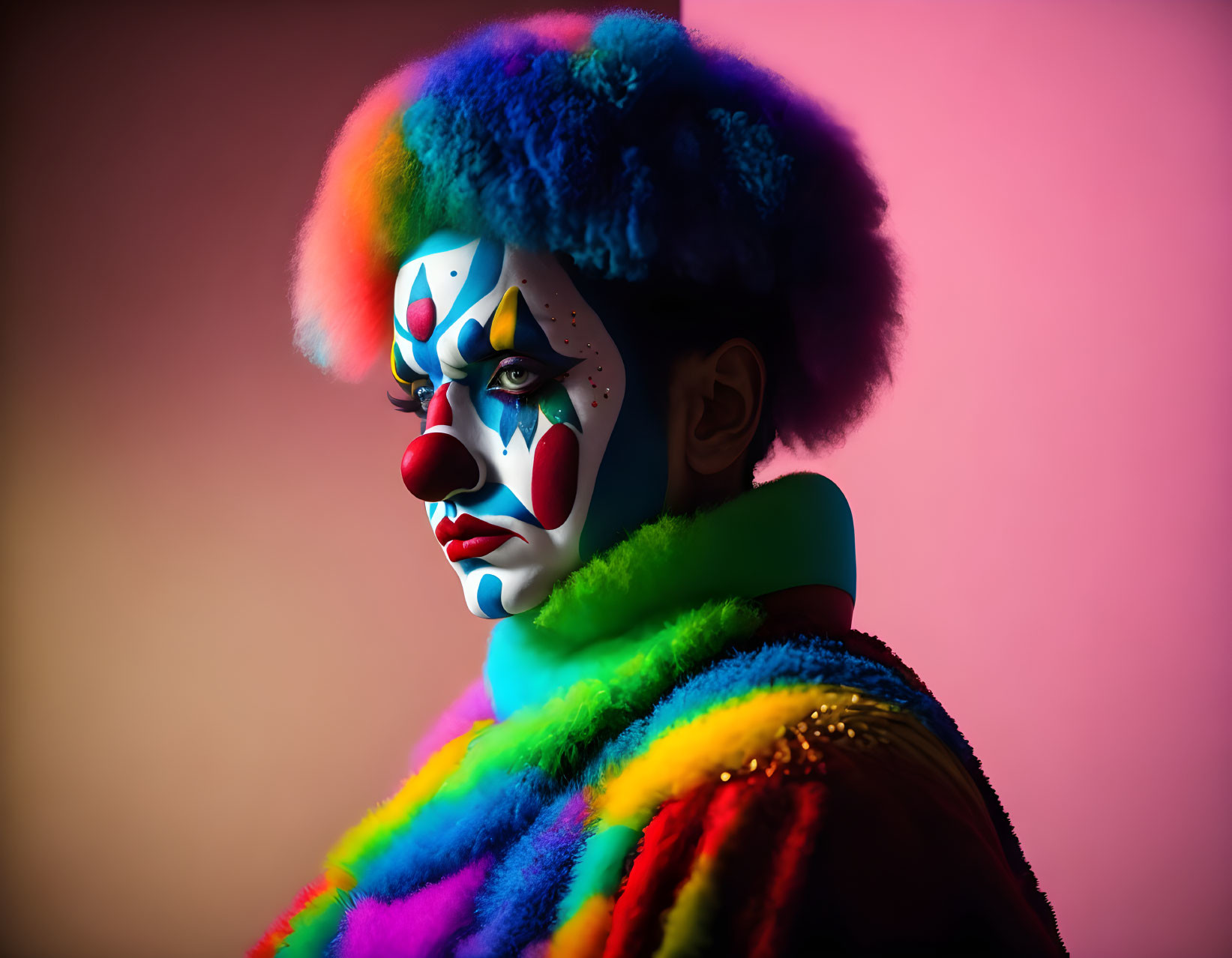 Colorful Clown Makeup and Costume with Red Nose and Multicolored Wig on Pink Backdrop