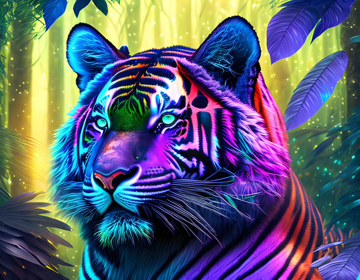 Colorful Tiger Art: Neon Blue & Purple Stripes in Luminous Green Bamboo Forest