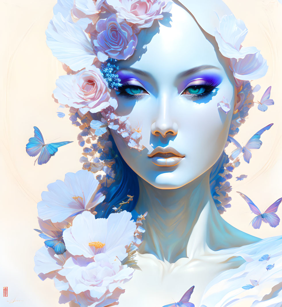 Fantastical woman's face with pale blue skin and floral adornments