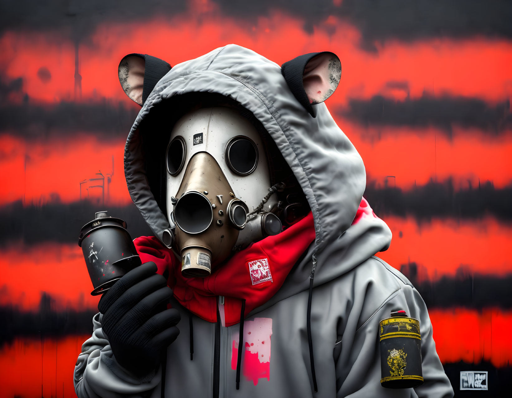 Person in Mouse and Gas Mask Holding Coffee Cup Against Fiery Red Background