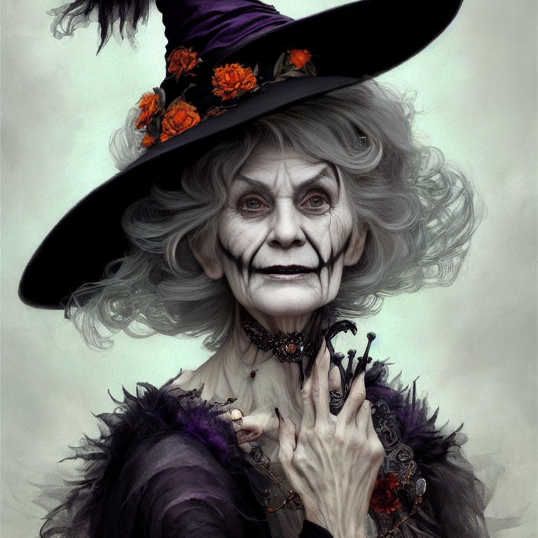 Elderly Witch with Pointy Hat and Orange Flowers