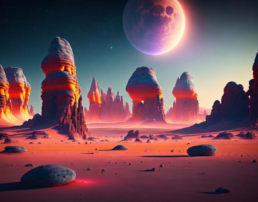 Eerie alien landscape with towering rock formations and large moon.