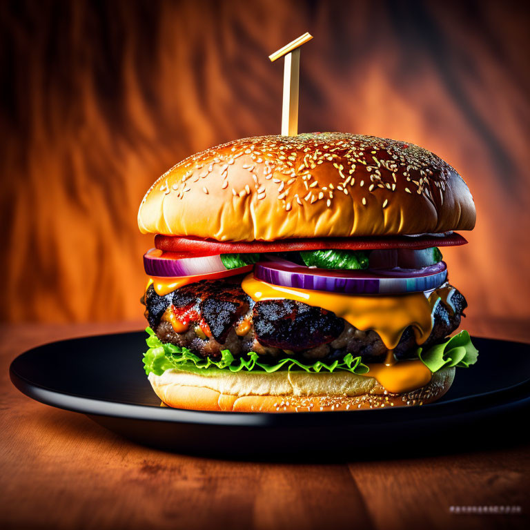 Cheeseburger with lettuce, tomato, onion, and cheese on sesame seed bun on black plate