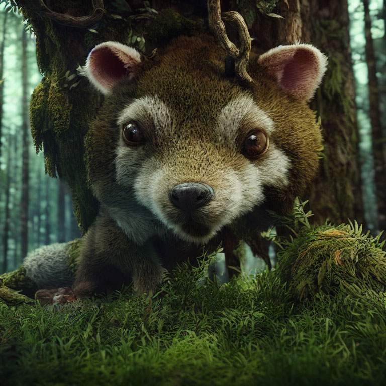 Stylized lifelike raccoon in dense forest scene