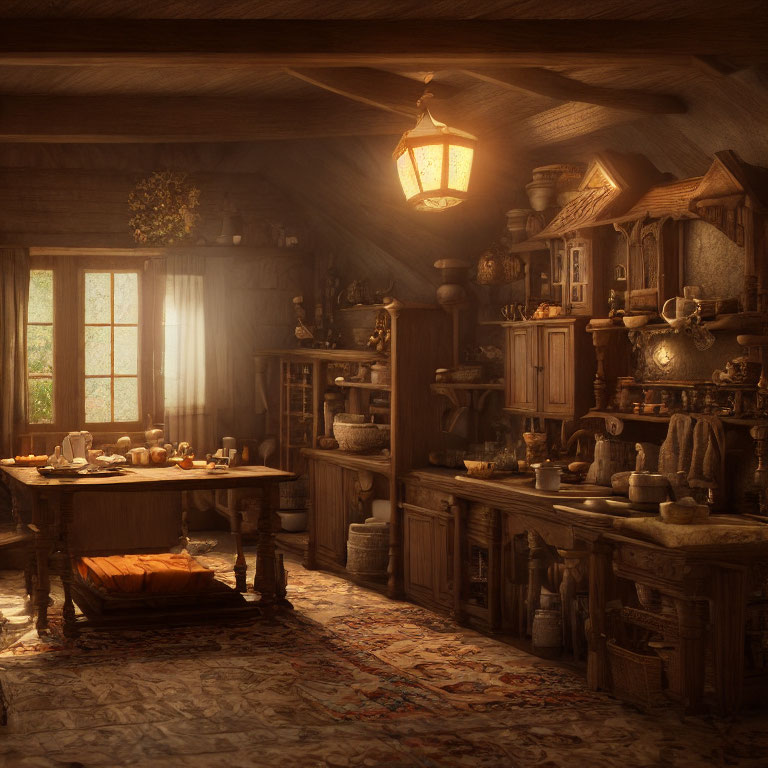 Rustic kitchen with wood furniture, lantern, window, pottery, and utensils