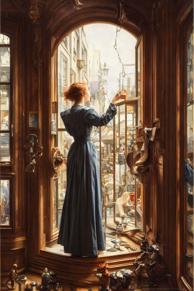 Woman in Blue Dress Opens Window Overlooking Antique Items and Street