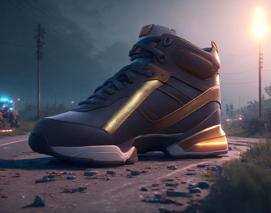 Futuristic high-top sneaker with metallic finish on urban night backdrop