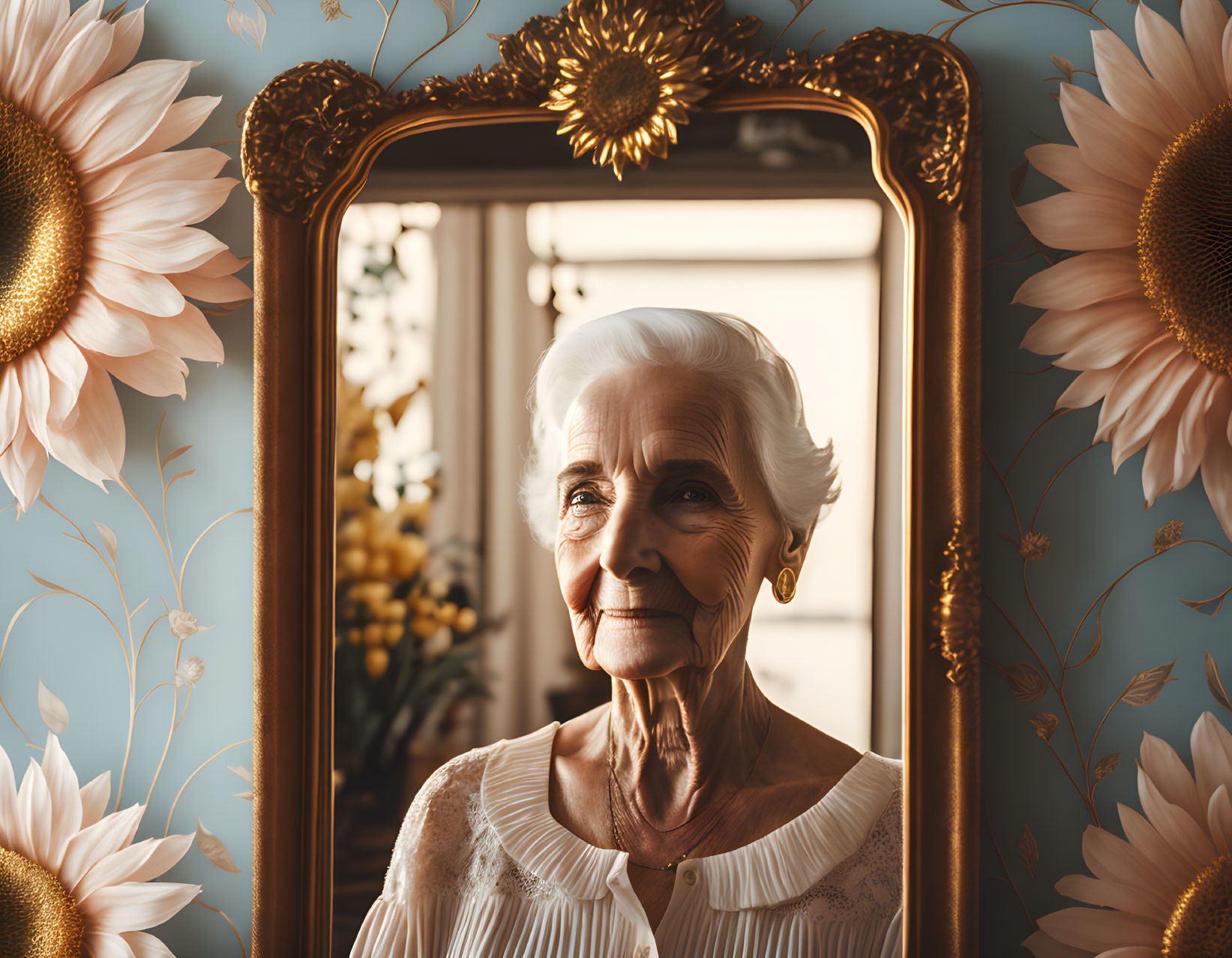 Serene elderly woman reflected in ornate golden mirror with sunflower motifs