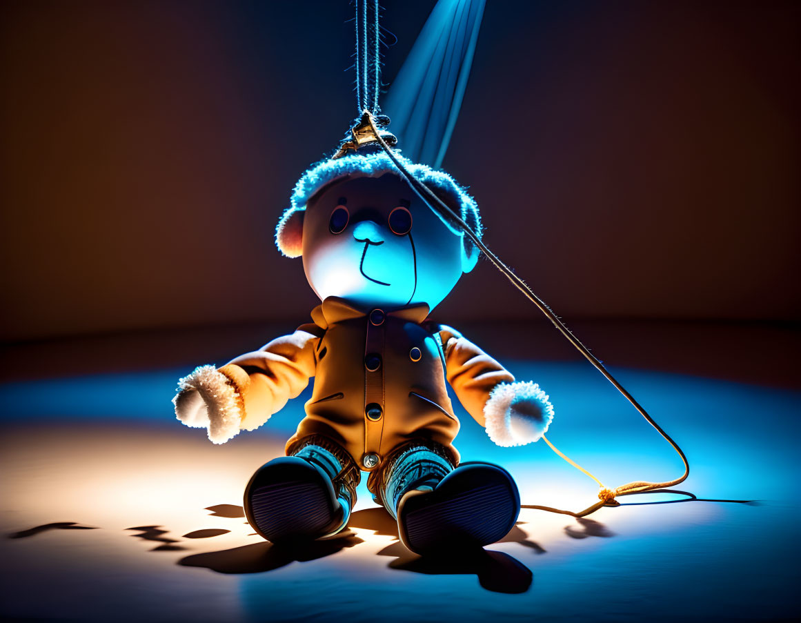 Toy bear with feather illuminated by blue and orange light, casting dramatic shadows