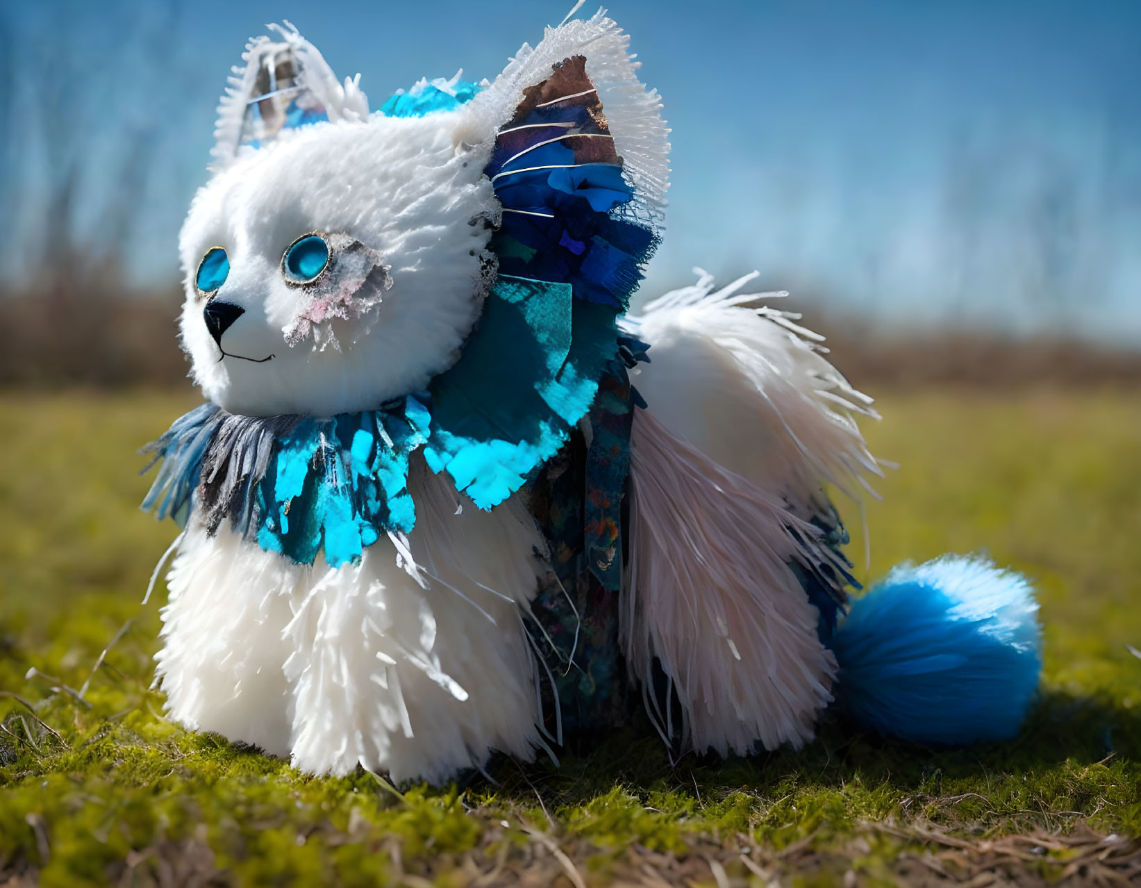 Handmade White Cat Plush Toy with Blue Accents and Feather-like Textures on Grass