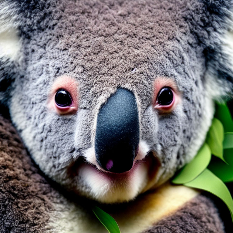 Fluffy-eared koala with black nose in green foliage