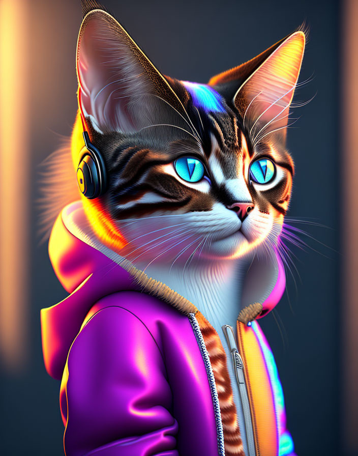 Stylized digital artwork: Cat with blue eyes in purple hoodie, orange headphones