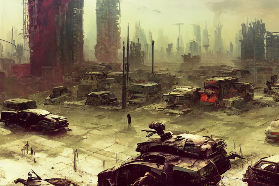 Abandoned vehicles and crumbling buildings in post-apocalyptic cityscape