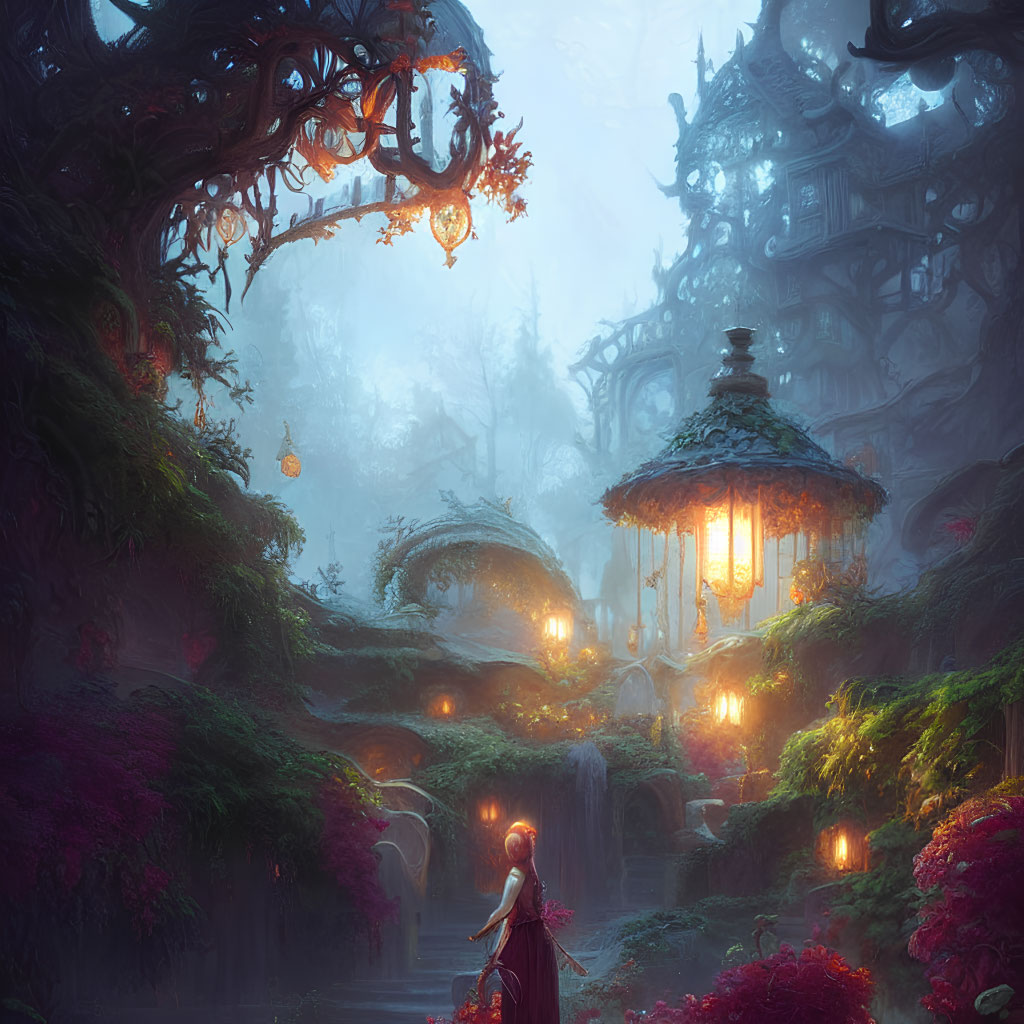 Enchanted fantasy landscape with glowing treehouse and mystical forest