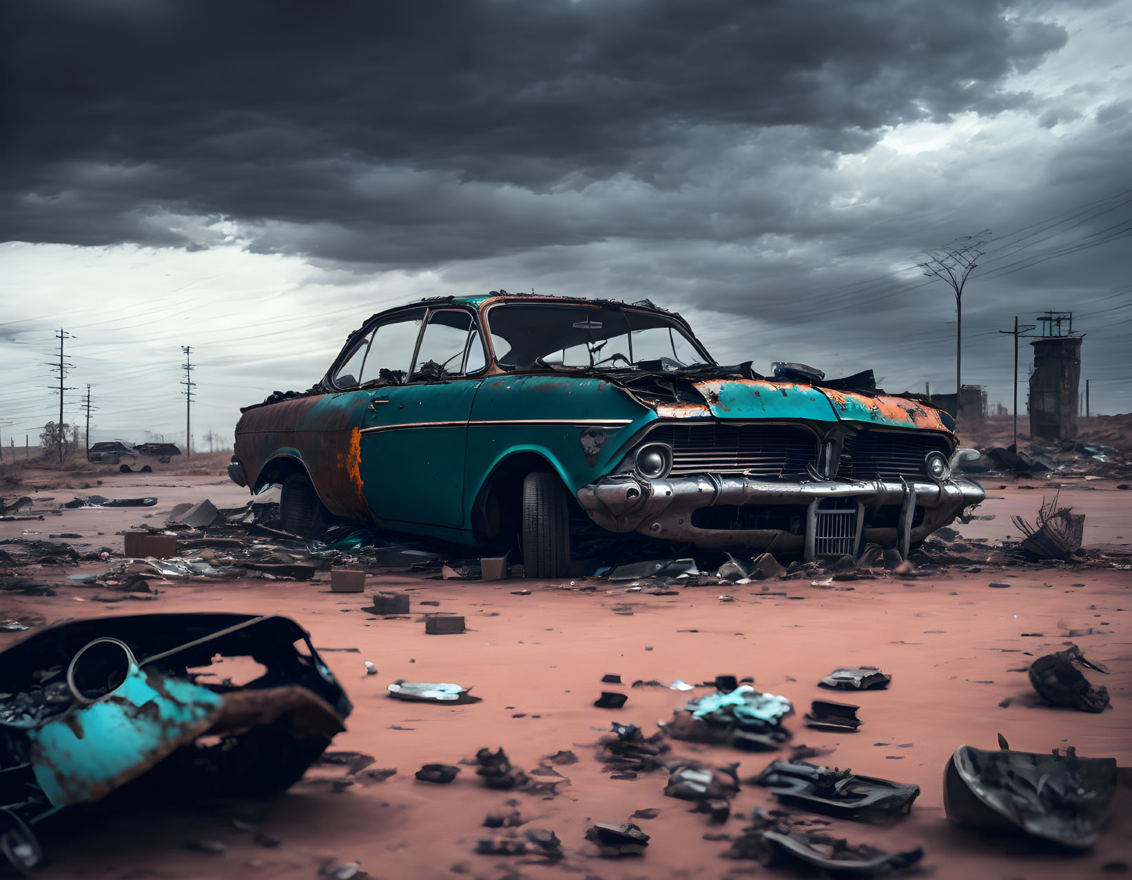 Rusted abandoned car in desolate landscape under stormy sky