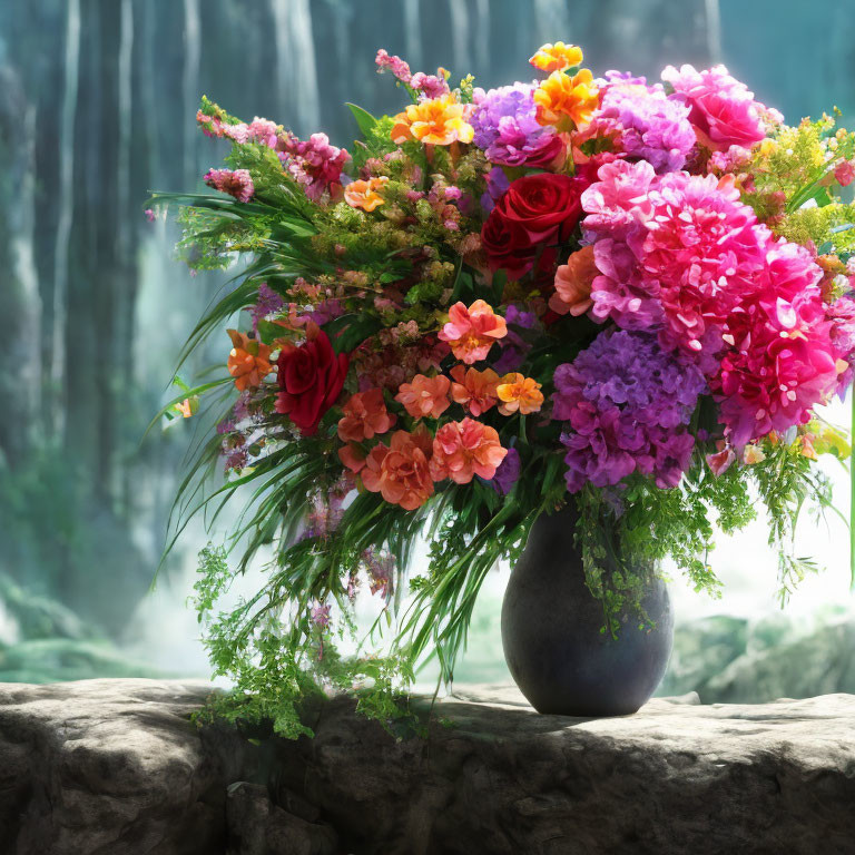 Colorful Flower Bouquet in Dark Vase with Waterfall Background