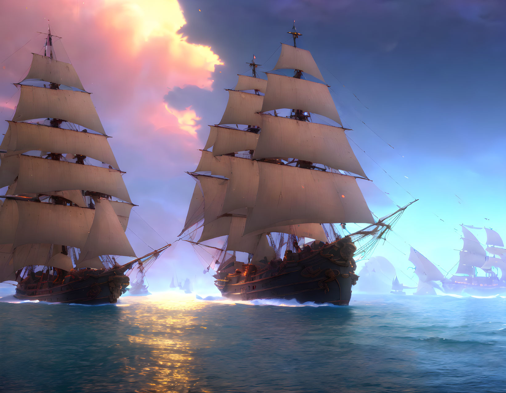 Historical naval battle scene with tall ships and full sails at sunset