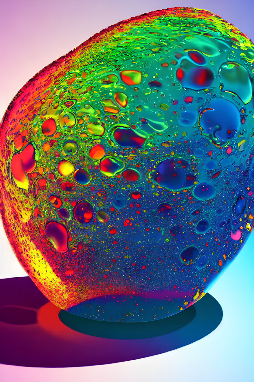 Colorful Abstract Object with Glossy Surface and Bubbles on Gradient Background