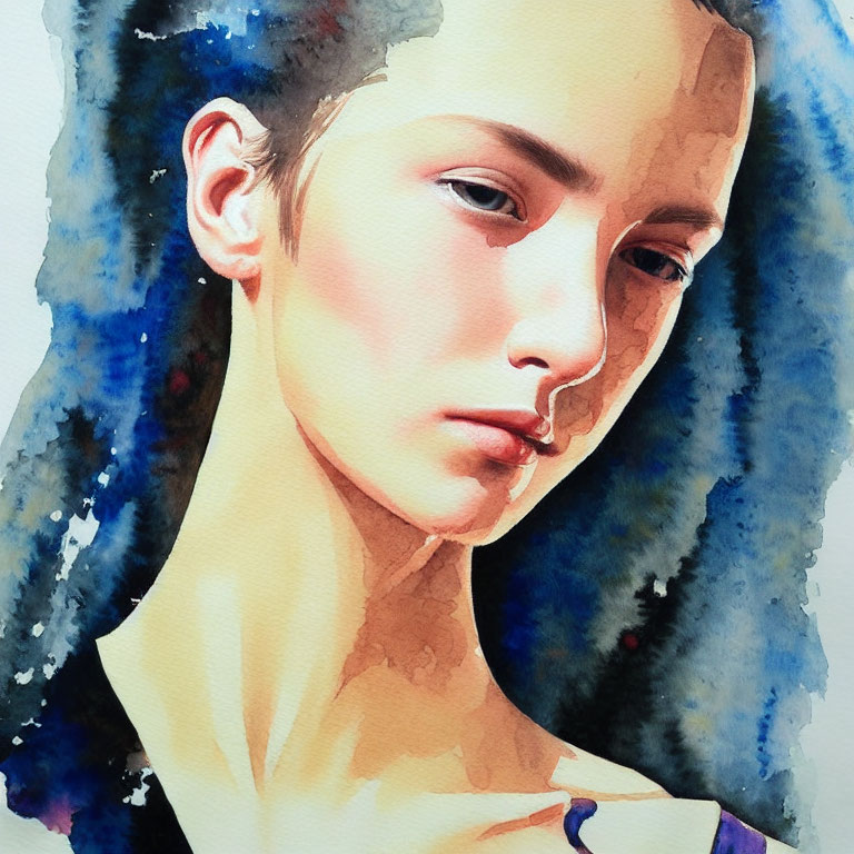 Watercolor painting of a person with short hair and prominent cheekbones on vibrant blue background