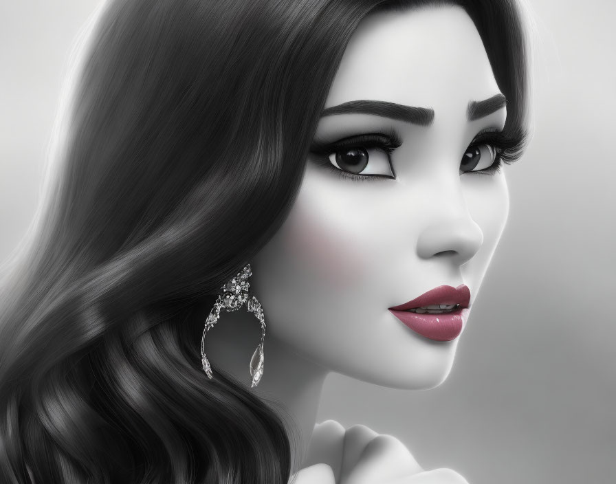 Monochrome illustration: Woman with elegant features and wavy hair