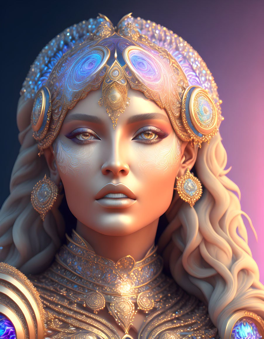 Digital artwork: Woman with ornate golden headdress and jewelry