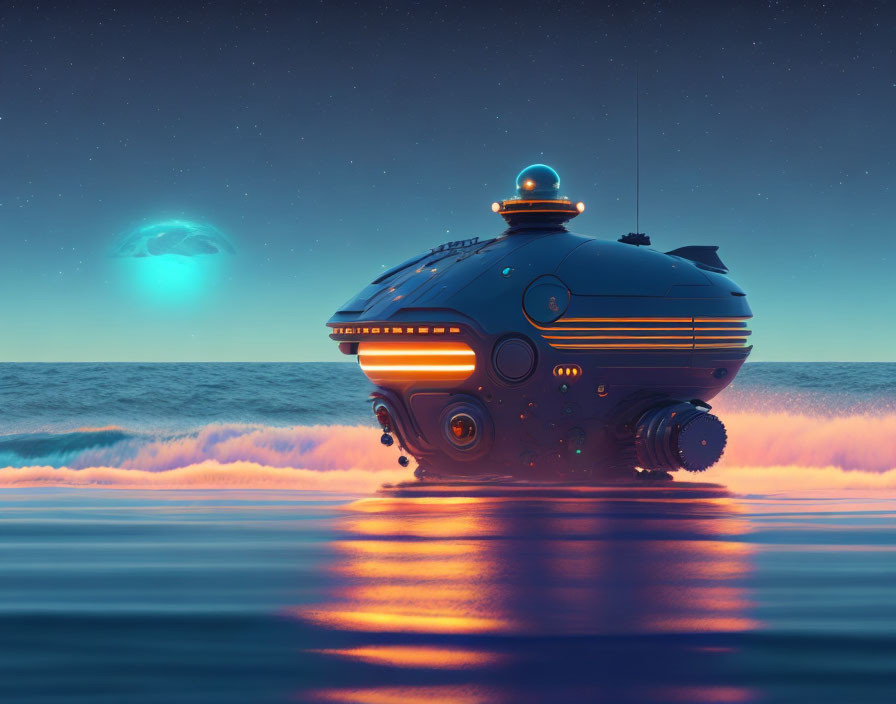 Futuristic spherical submarine emerges at sunset from teal ocean with moon