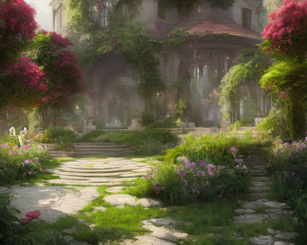 Ethereal garden with lush greenery, vibrant flowers, and stone pathway