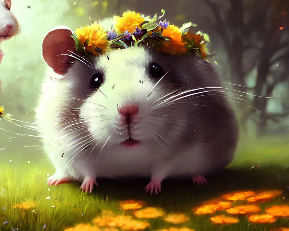 Chubby guinea pig with yellow flower crown in sunny field