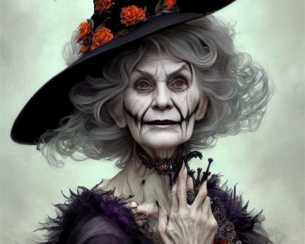 Elderly Witch with Pointy Hat and Orange Flowers