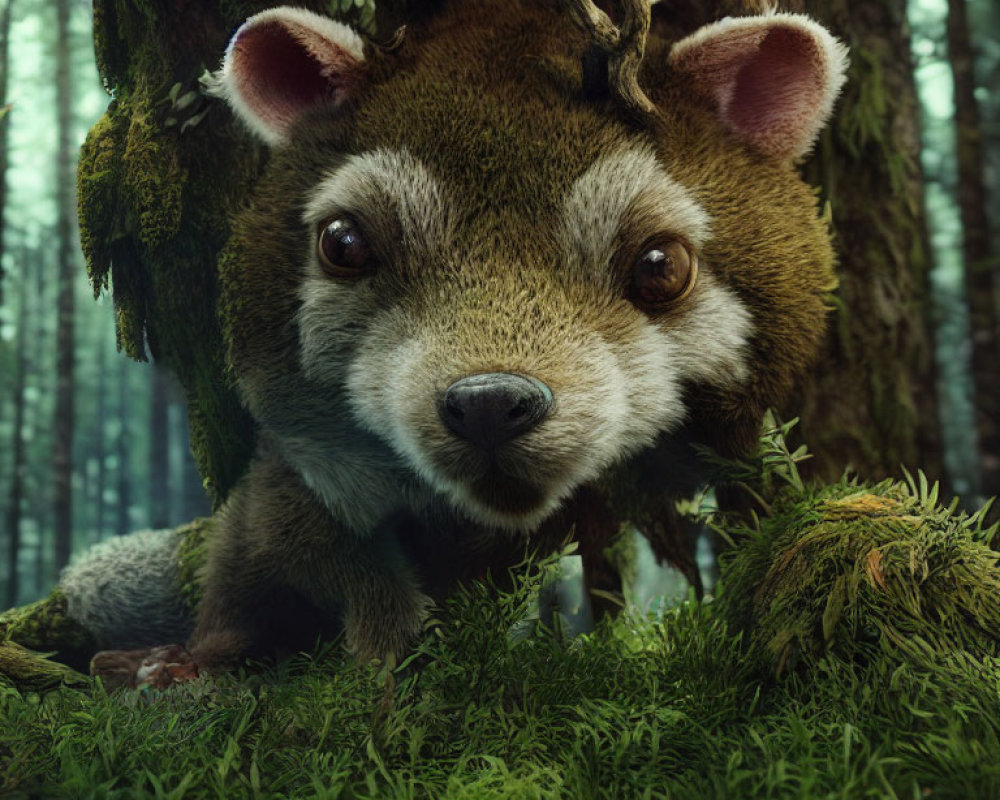 Stylized lifelike raccoon in dense forest scene