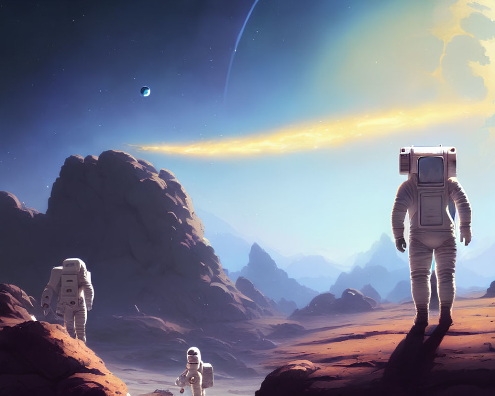 Astronaut on rocky alien planet with ringed planet and moon in sky