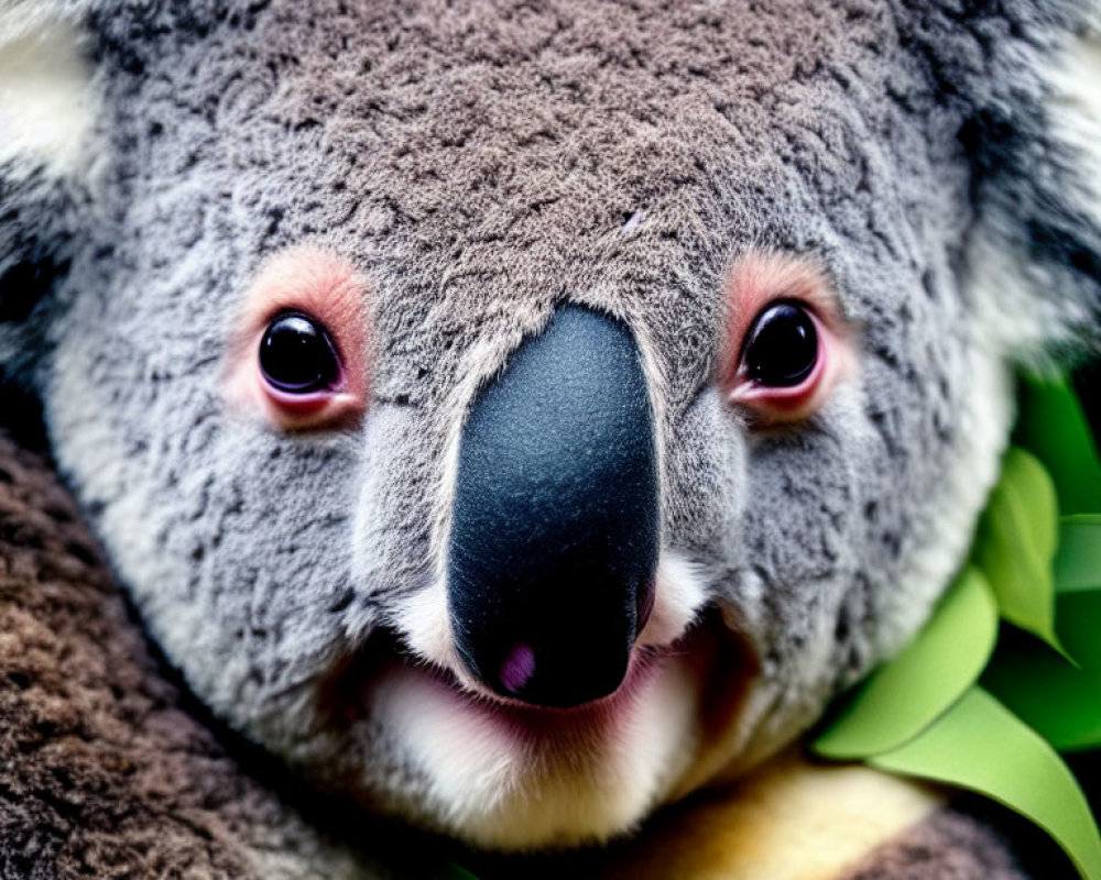 Fluffy-eared koala with black nose in green foliage