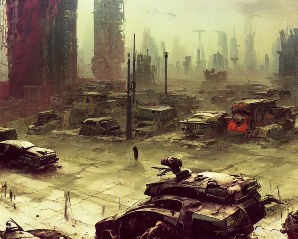 Abandoned vehicles and crumbling buildings in post-apocalyptic cityscape