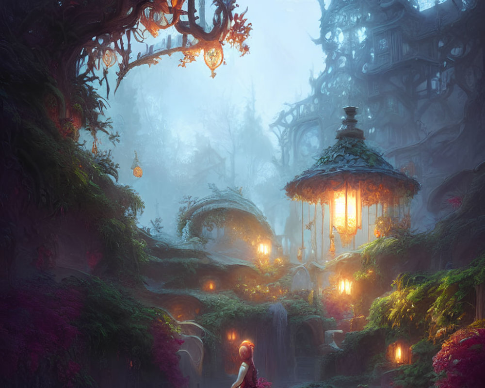 Enchanted fantasy landscape with glowing treehouse and mystical forest