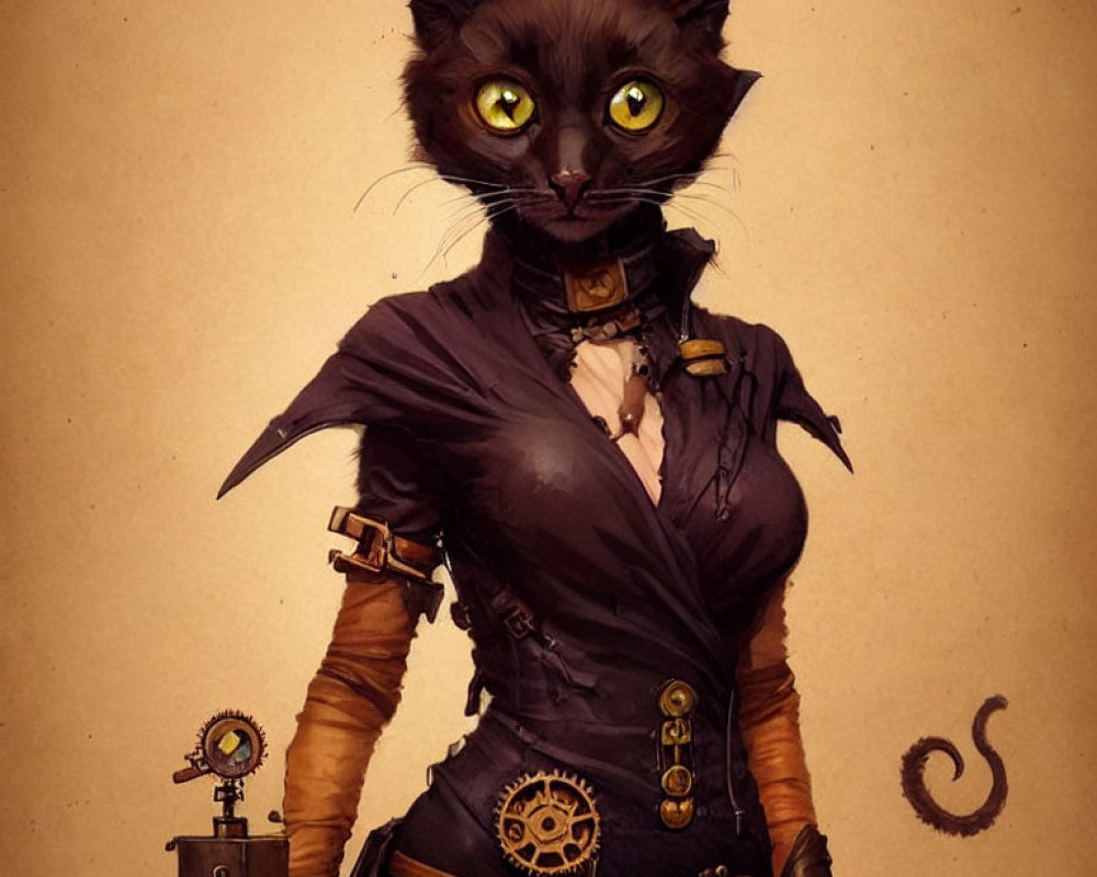 Steampunk-themed anthropomorphic cat in tailored jacket and goggles