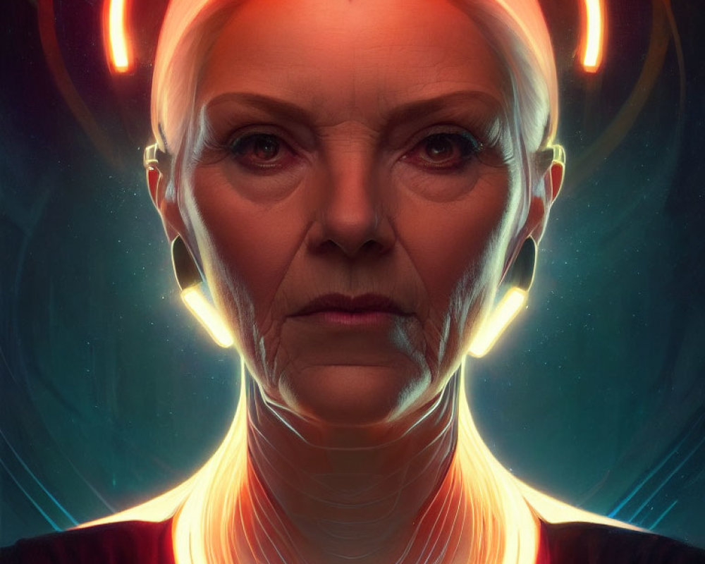 Digital portrait of stern older woman with glowing orange halo rings and red ambient lighting