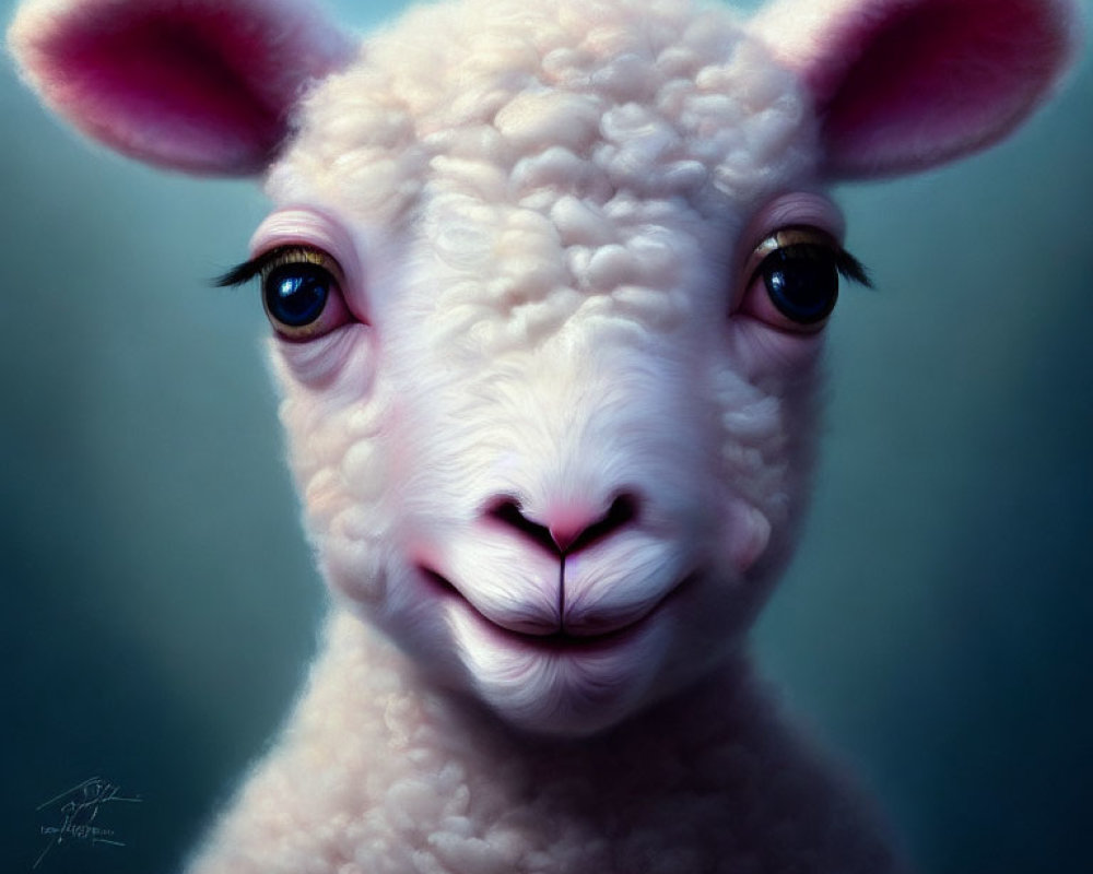 Adorable lamb with woolly coat, dark eyes, and pink ears on blue background