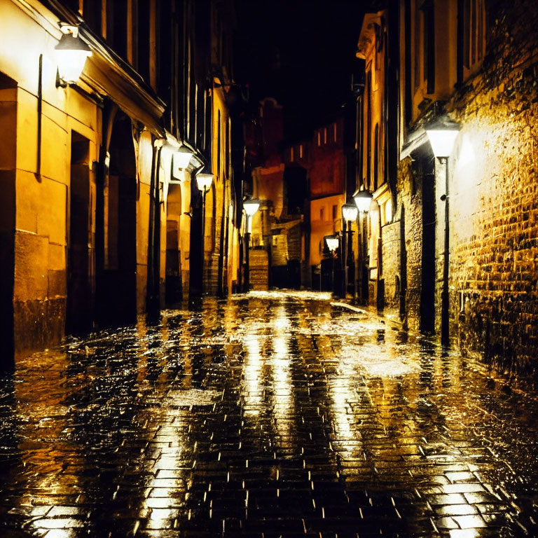 Rainy Night Scene: Cobblestone Street with Warm Streetlights