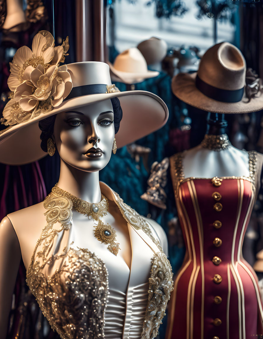 Boutique display: Elegant mannequins in white hat and striped corset