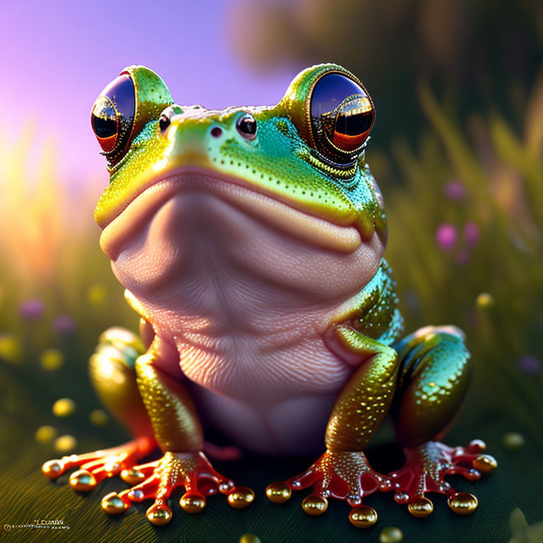 Detailed image of green frog with large reflective eyes against purple flowers and golden light