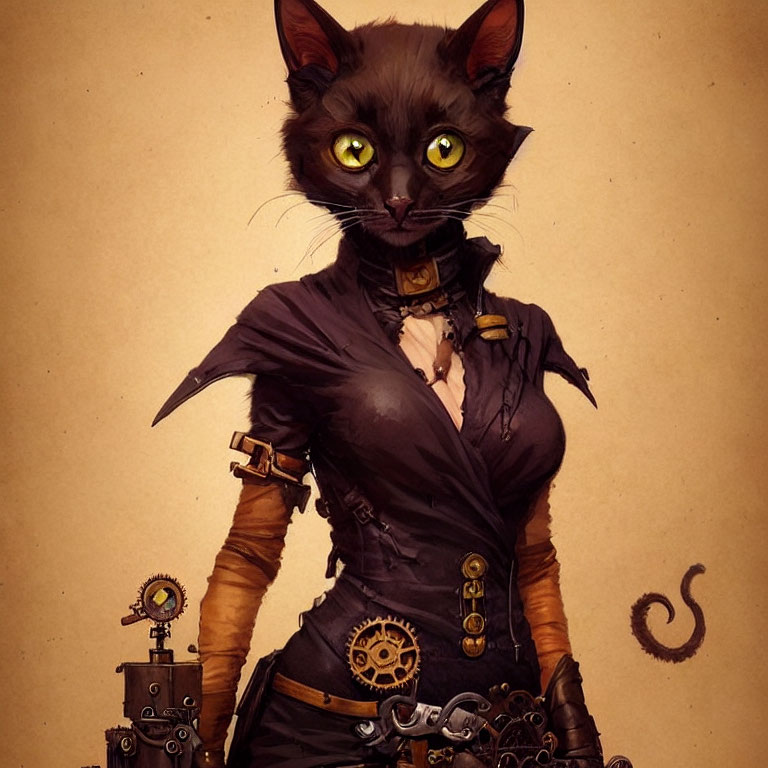 Steampunk-themed anthropomorphic cat in tailored jacket and goggles